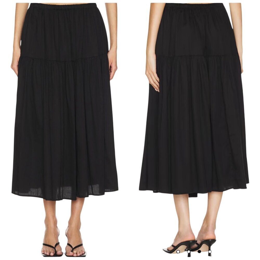 Enza Costa Black Tiered Midi Skirt Cotton Elastic Waist Size 1 Small